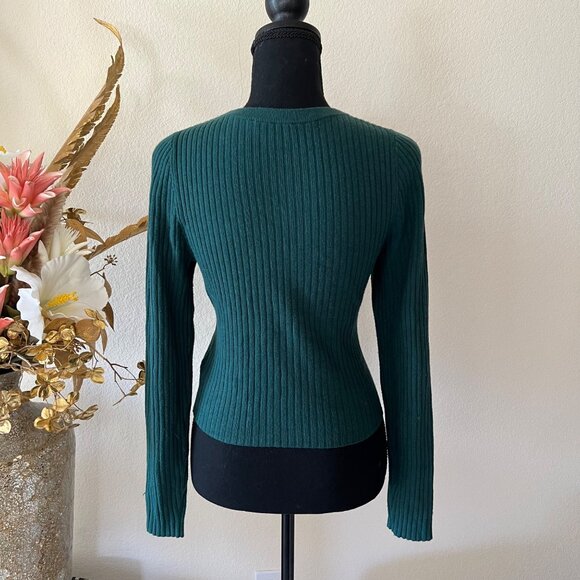 Express Emerald Green Round Neck Ribbed Stretch Long Sleeve Minimalist Top M - Picture 2 of 8